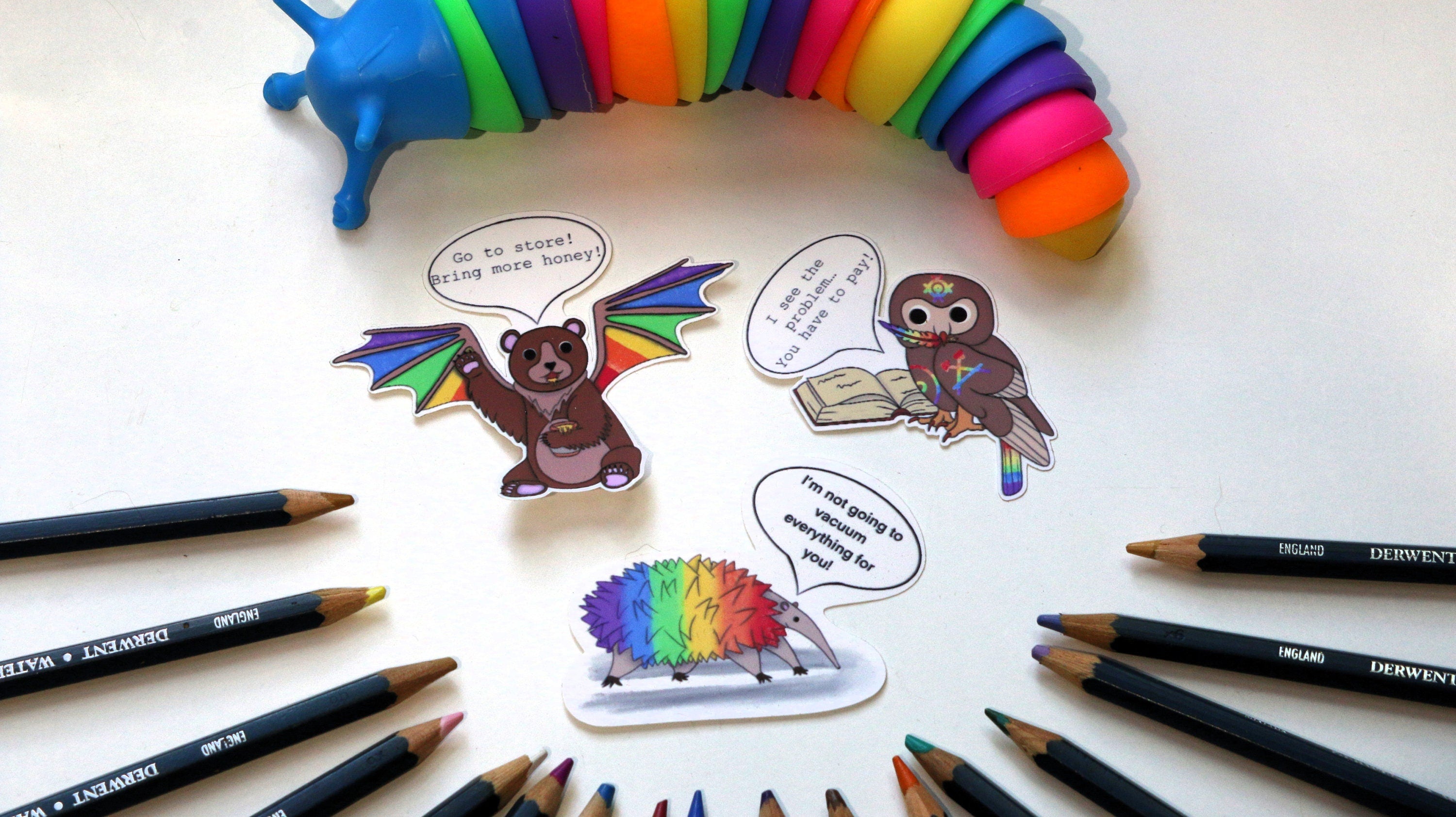 Selfcare magnet vacuum ant eater, store bear and bills owl