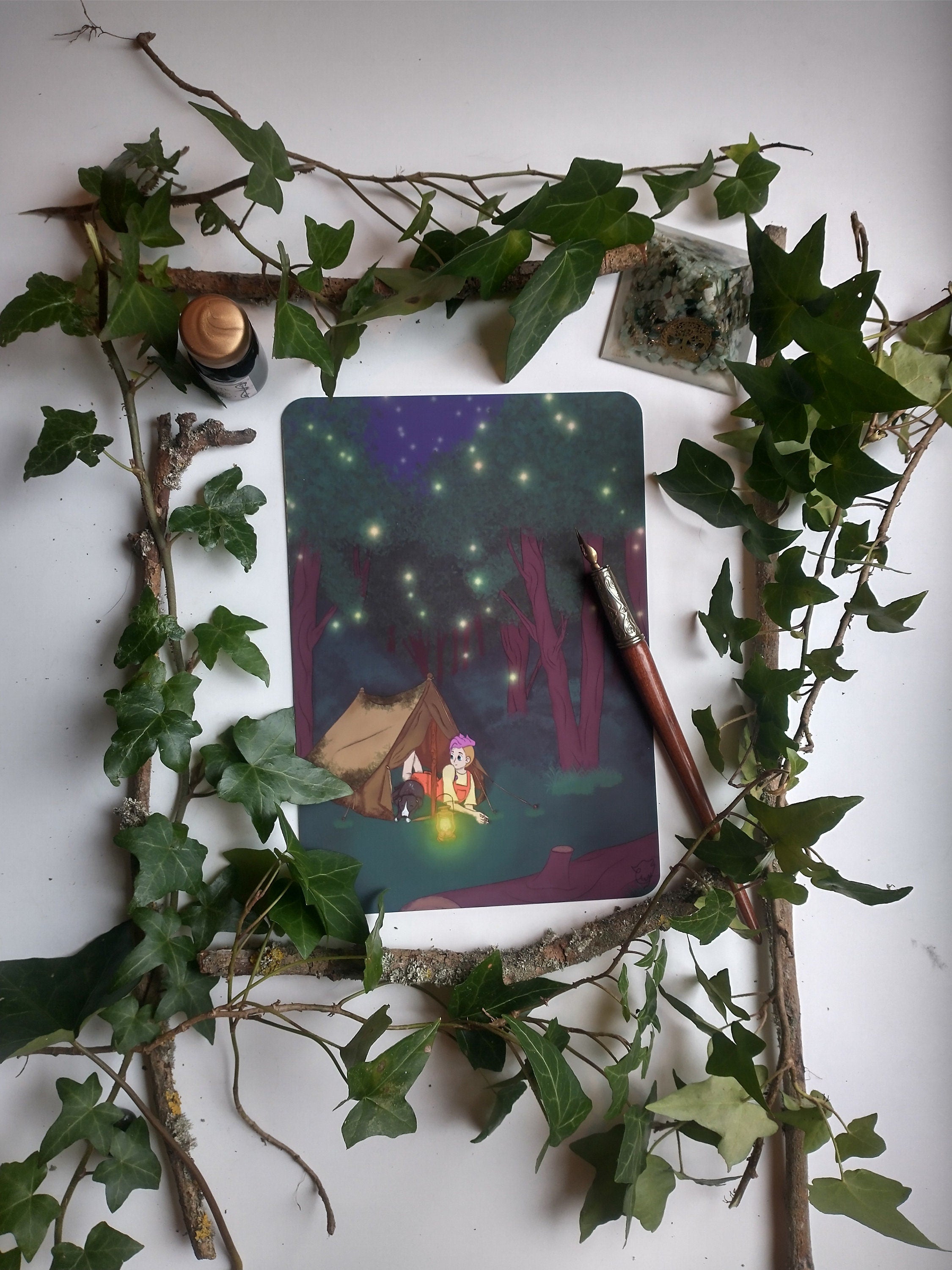 Art print camping with dog at night