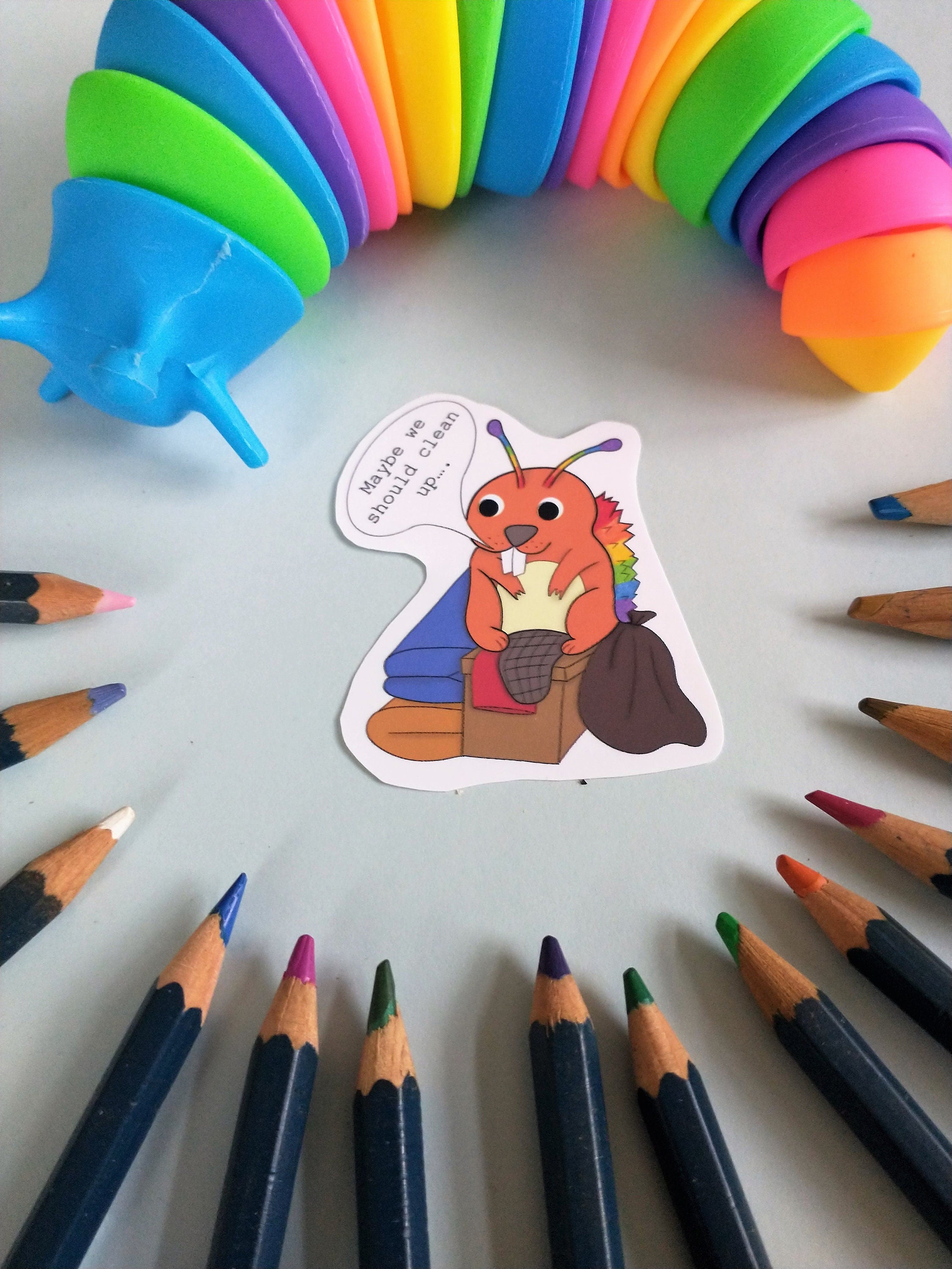 Selfcare vinyl sticker tidy up beaver, clean dishes otter and brush teeth shark