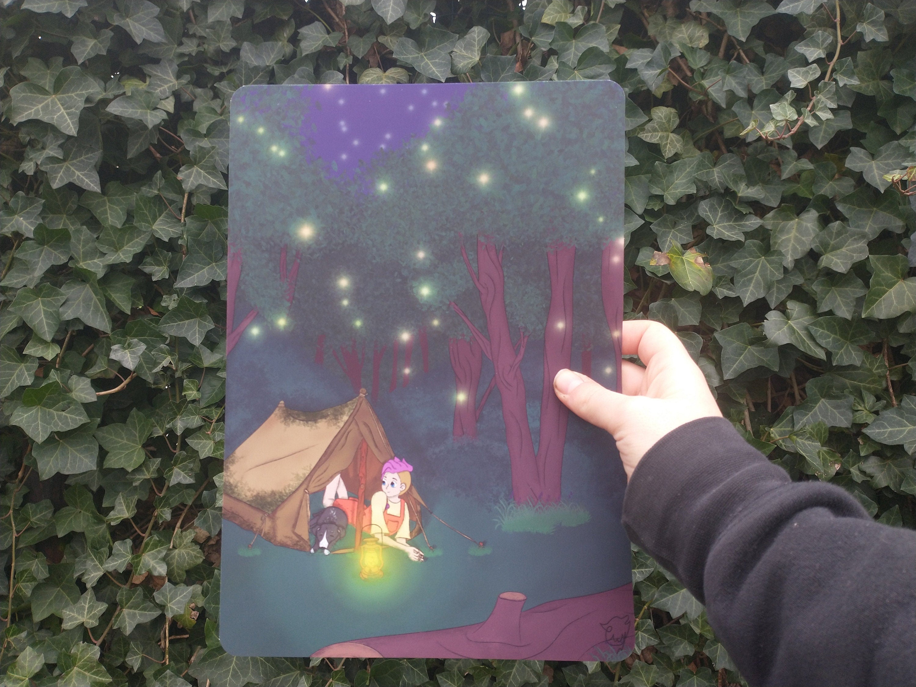 Art print camping with dog at night