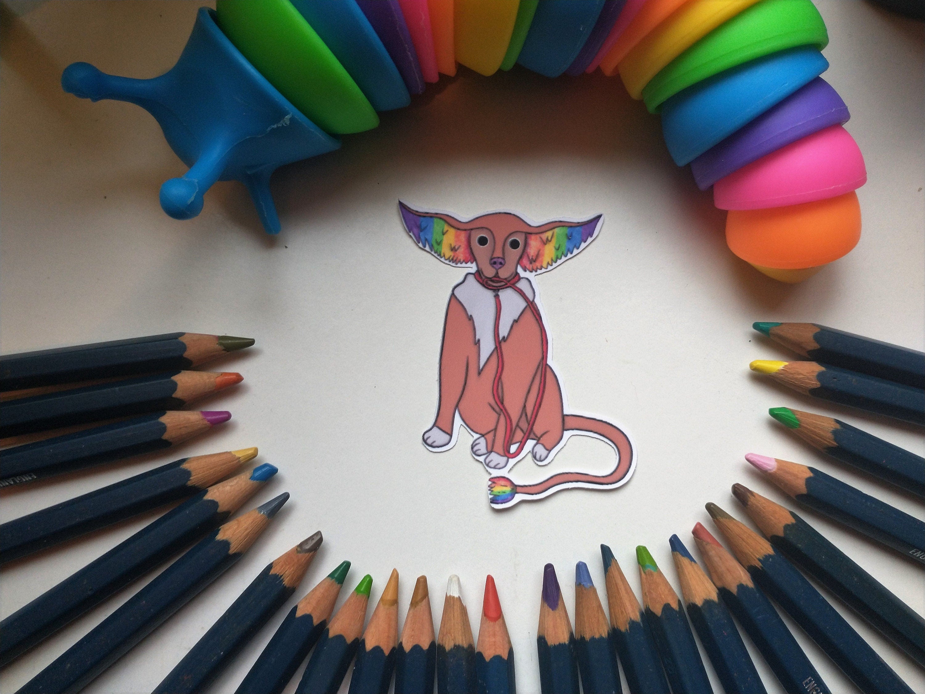 Fantasy rainbow dog on leash, squirrel and raccoon