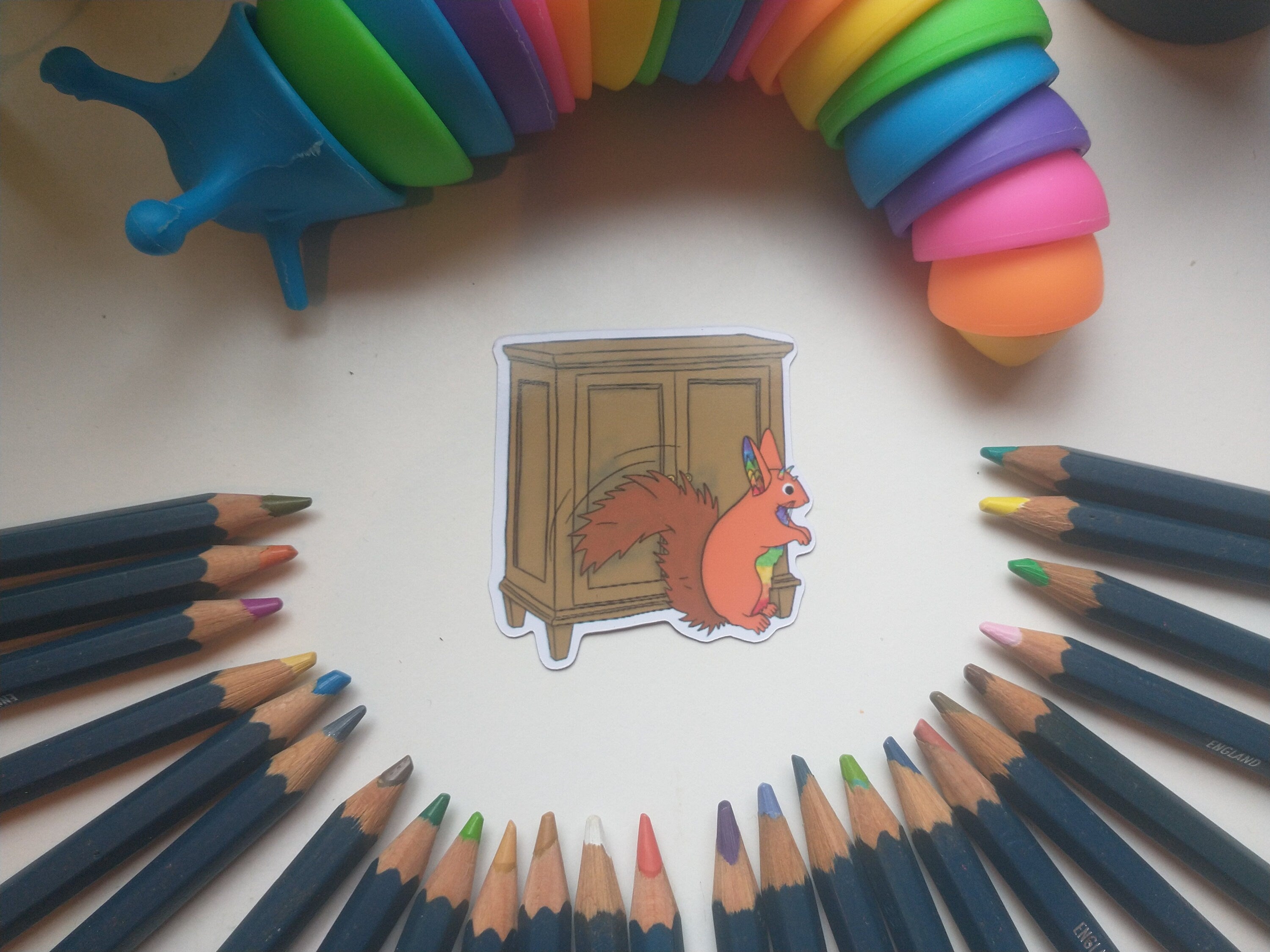 Fantasy rainbow dog on leash, raccoon and squirrel
