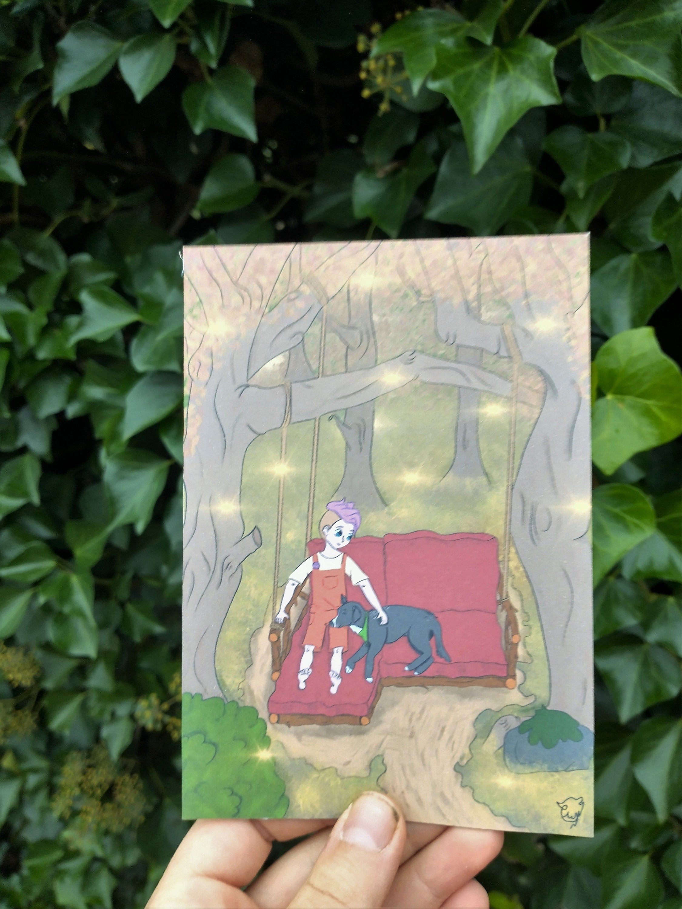 postcard person and dog in sofa