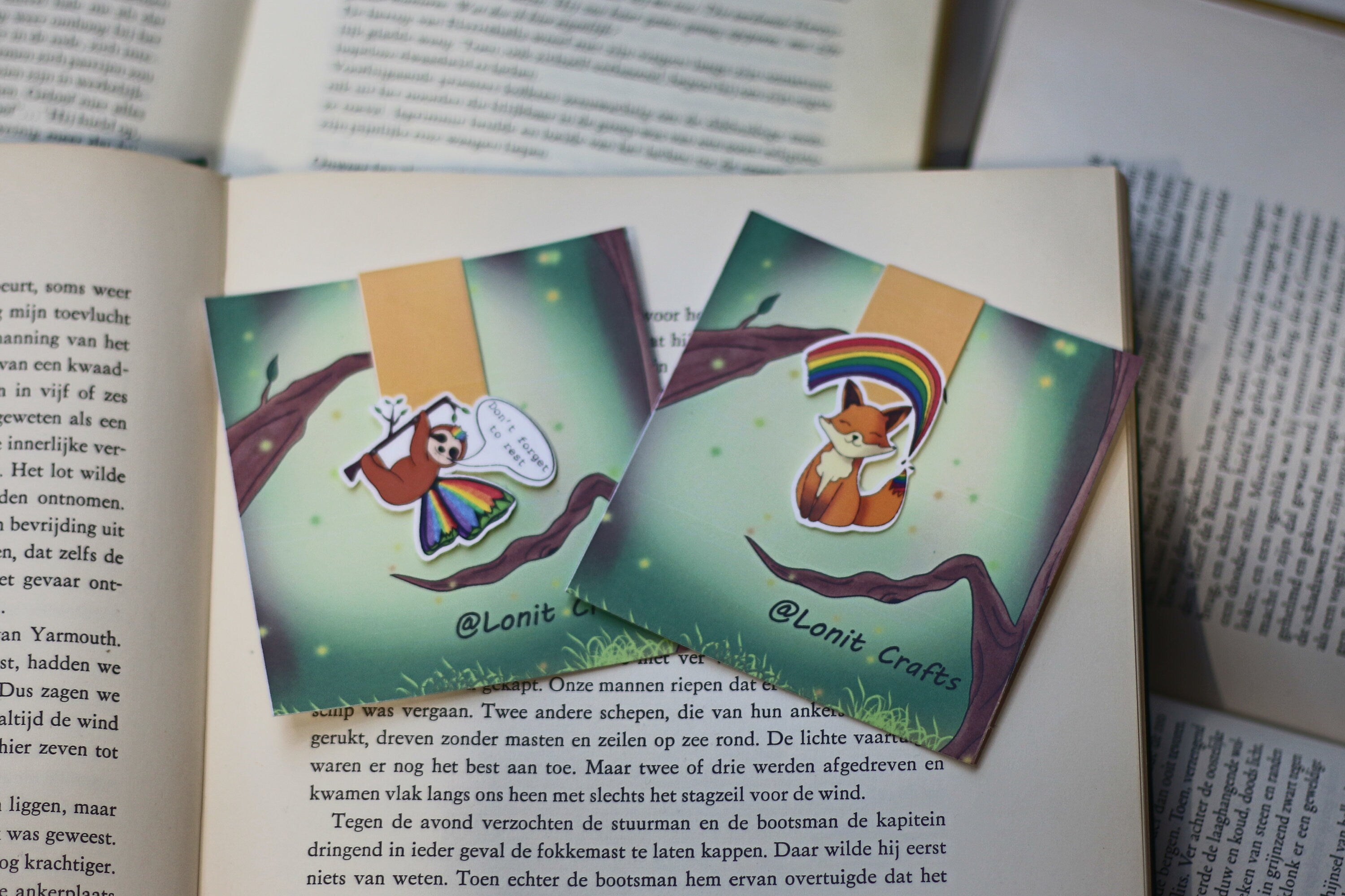 Rainbow fox and fantasy sloth magnetic bookmark