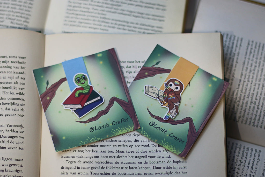 Bookworm and book owl magnetic bookmark