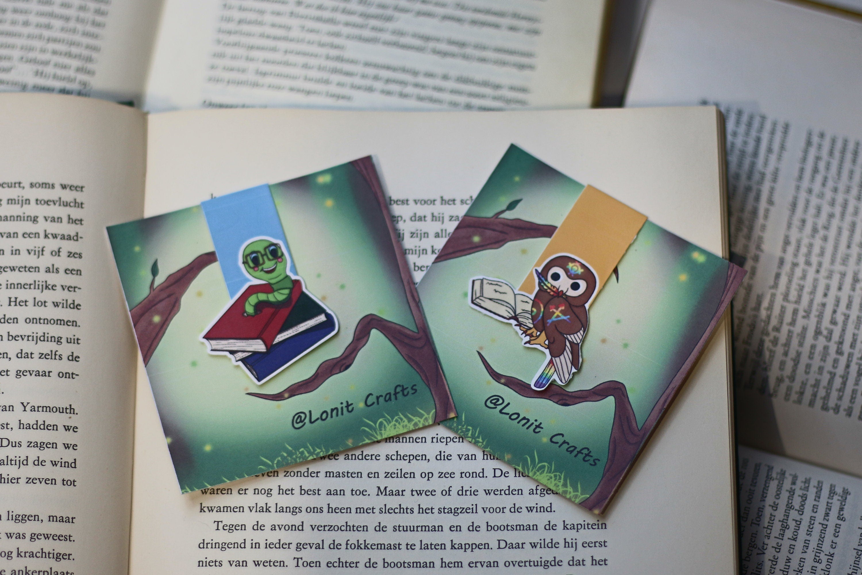Bookworm and book owl magnetic bookmark