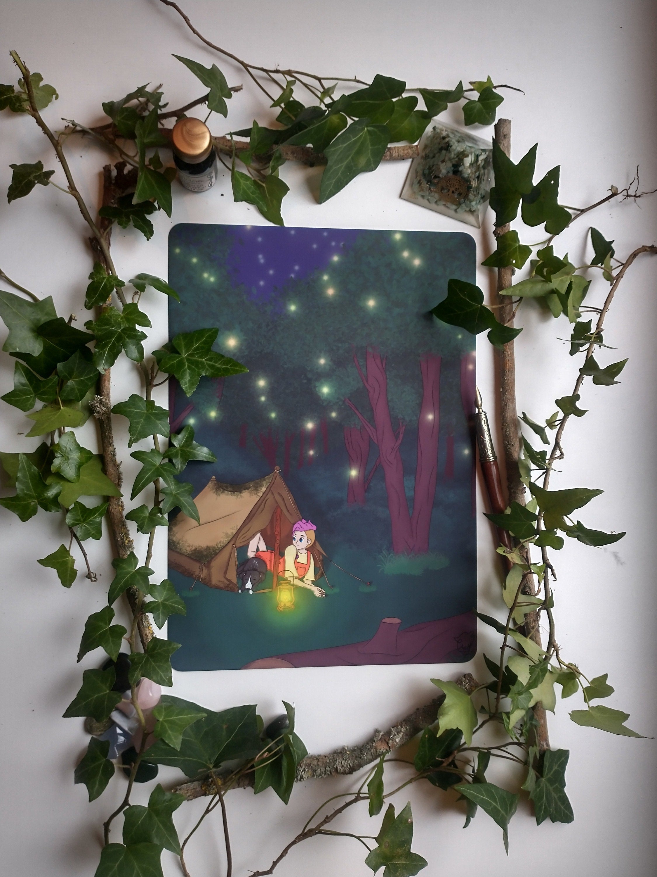 Art print camping with dog at night