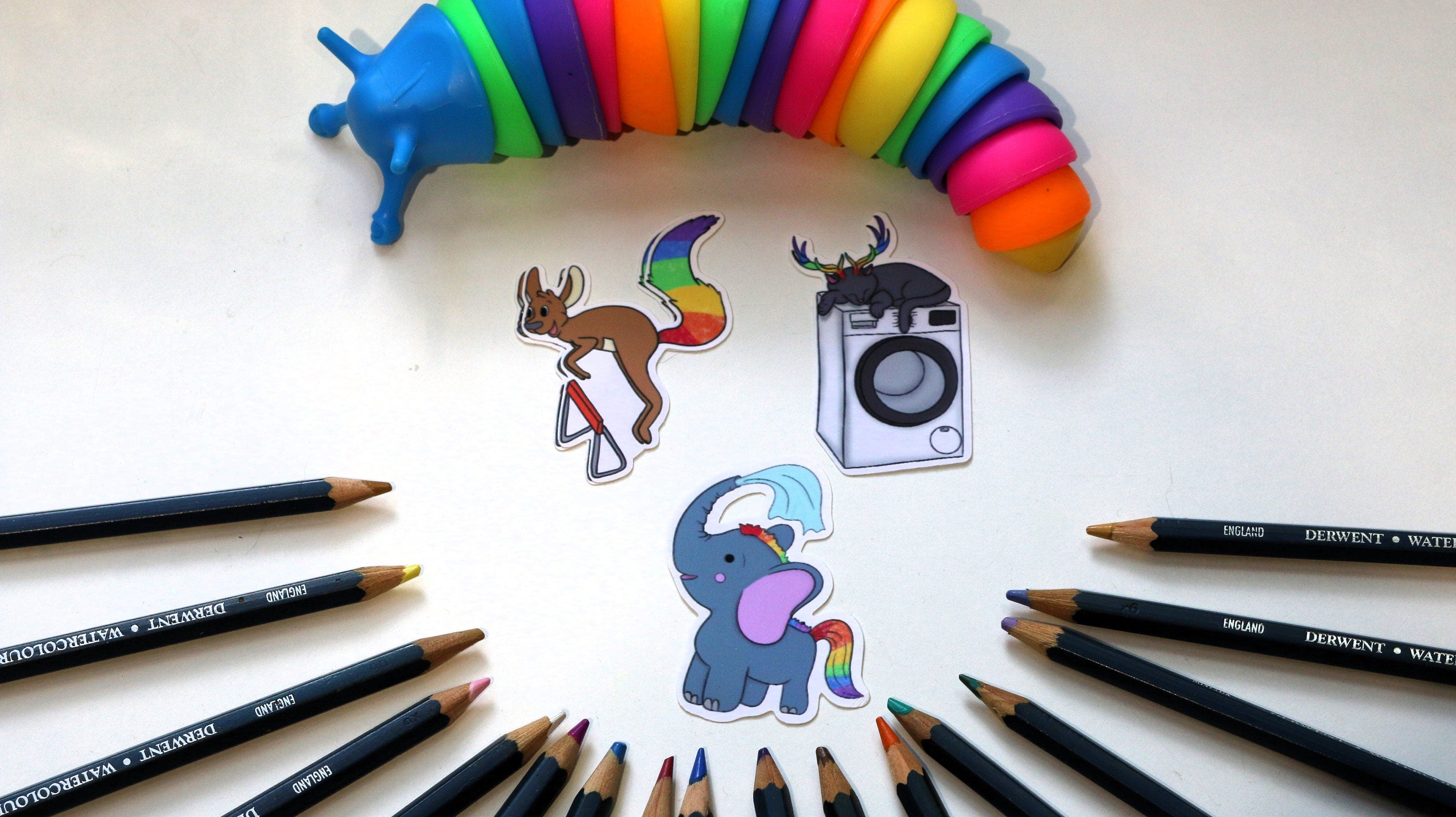 Fantasy rainbow sport kangaroo, wash machine cat and washing elephant