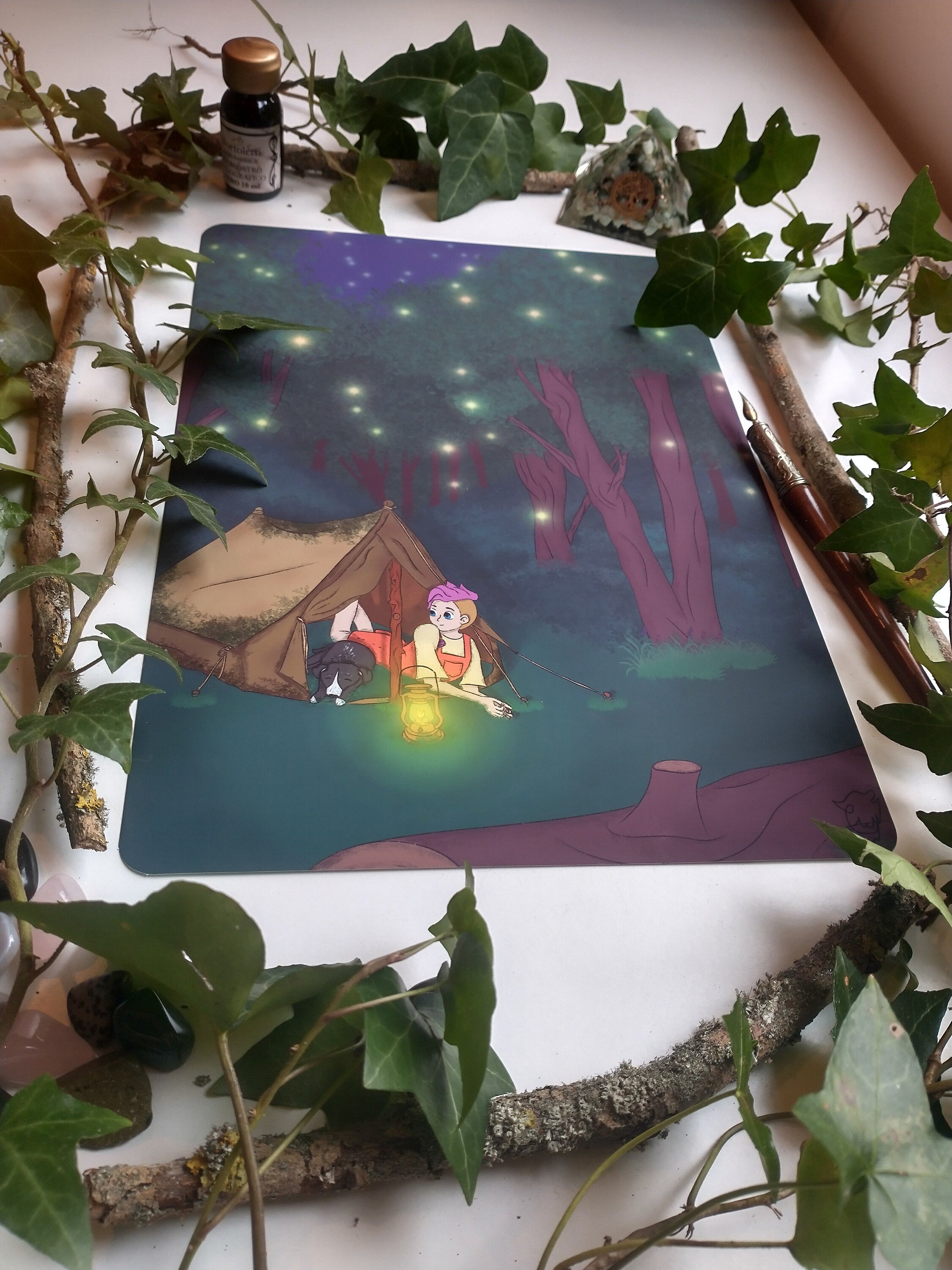 Art print camping with dog at night
