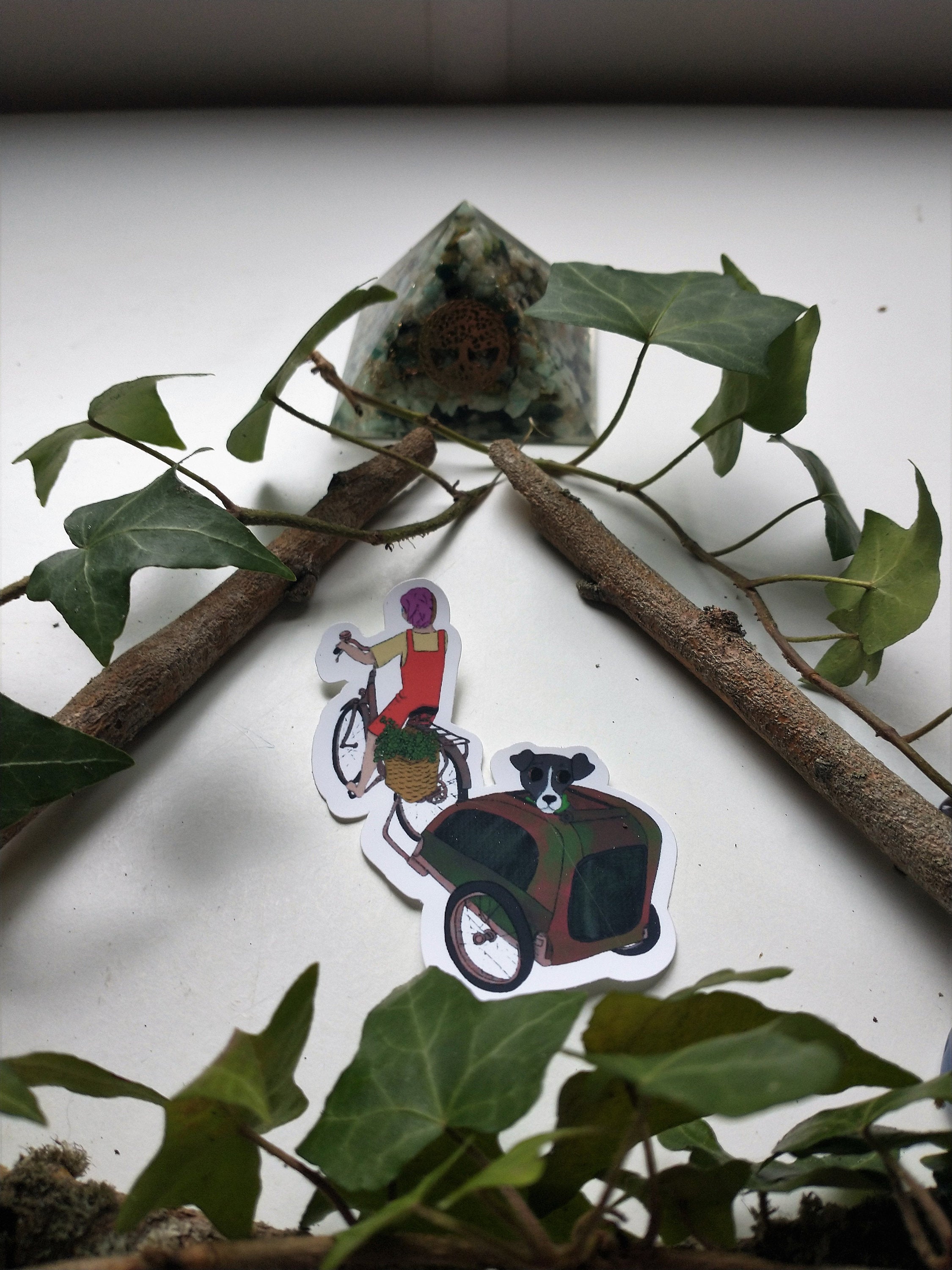 Old bike, dog in bicycle trailer vinyl sticker