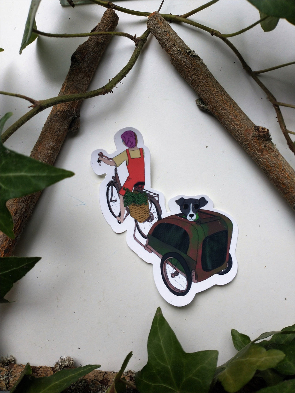 Old bike, dog in bicycle trailer vinyl sticker