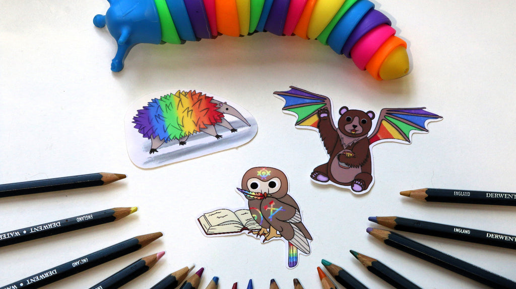 Fantasy rainbow ant eater, owl and bear