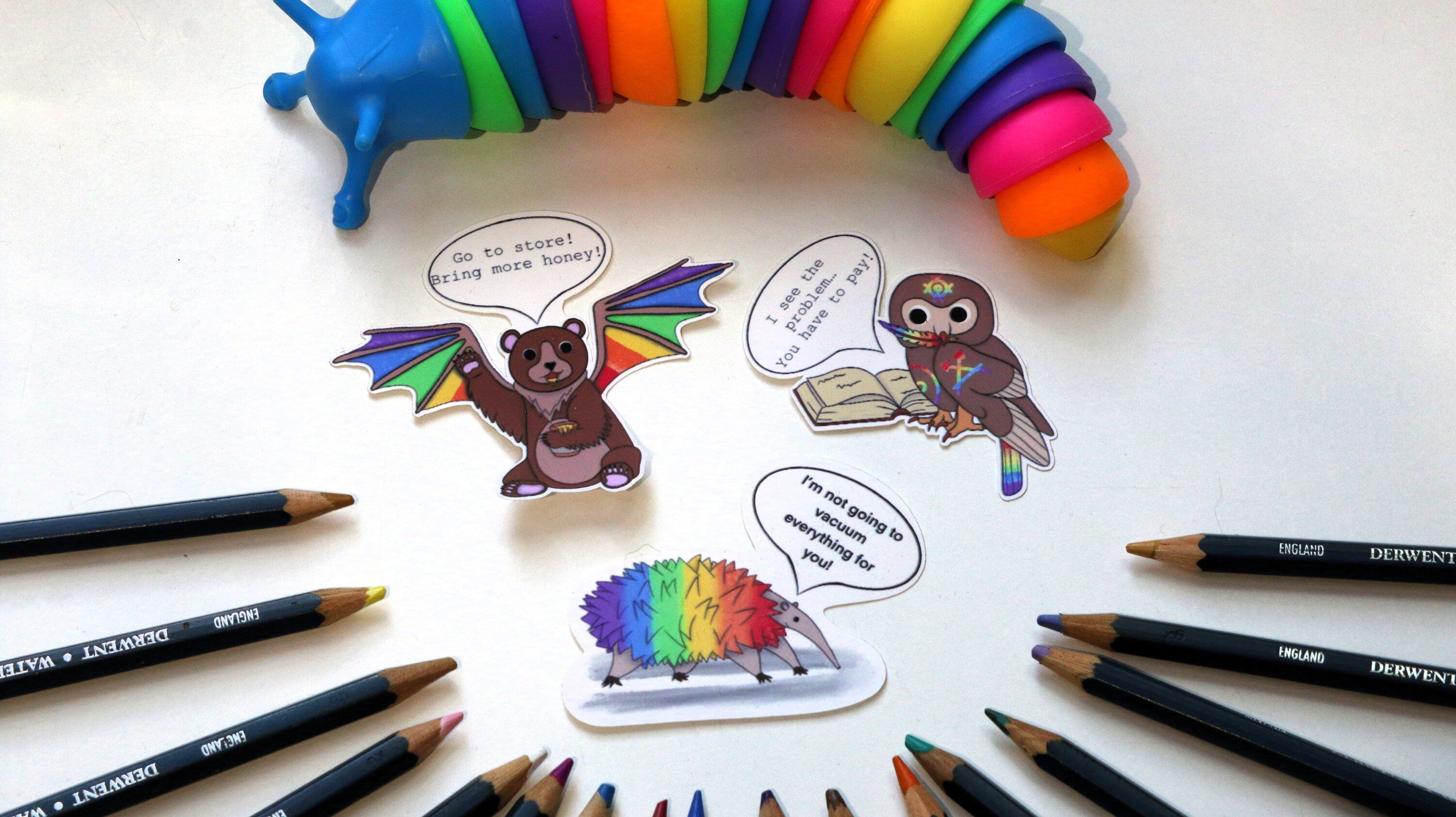 Selfcare vinyl sticker vacuum ant eater, store bear and bills owl