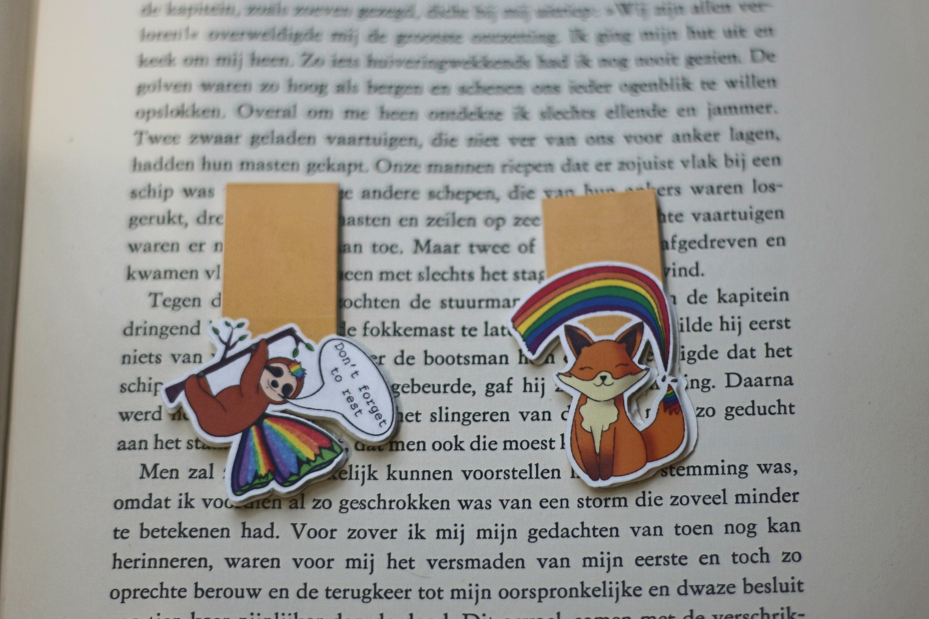 Rainbow fox and fantasy sloth magnetic bookmark
