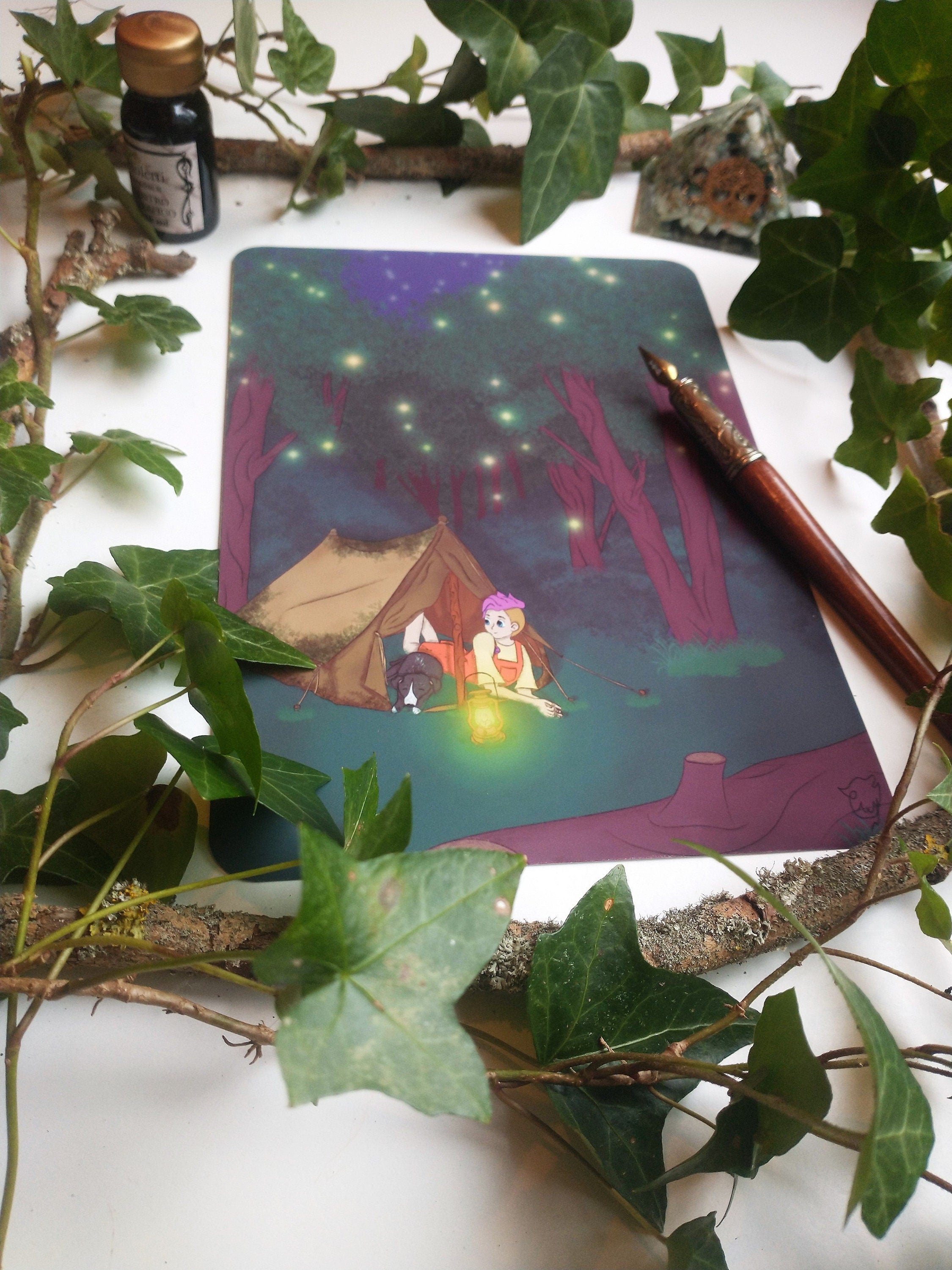 Art print camping with dog at night