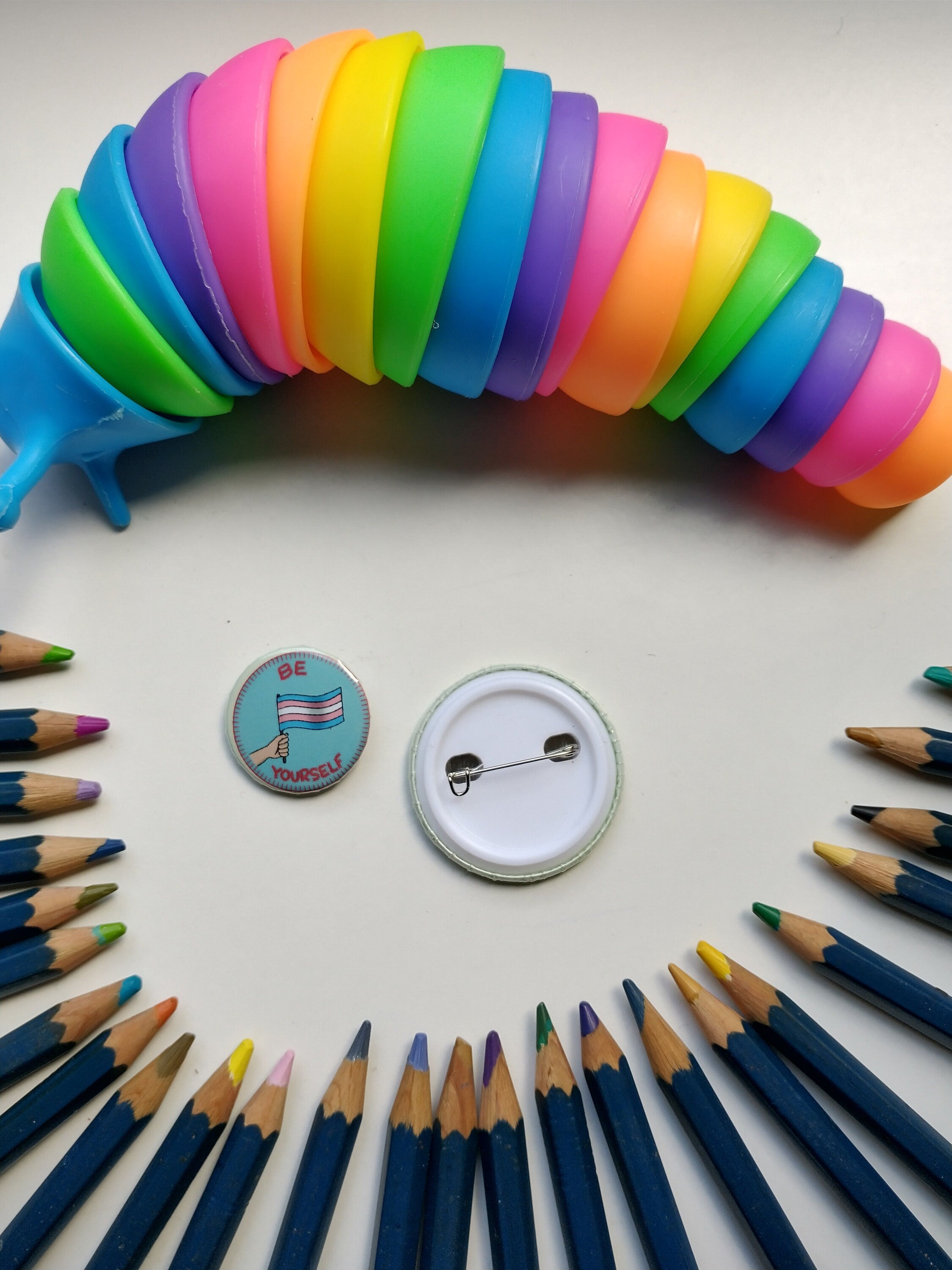 be yourself pride flag/trans flag badge/pin