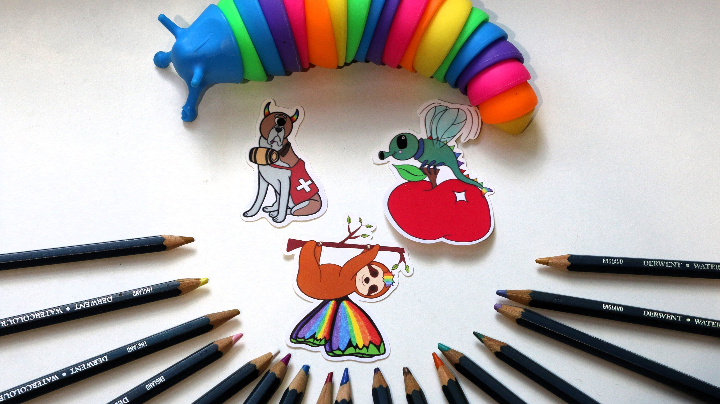 Fantasy rainbow fruit fly, dog and sloth