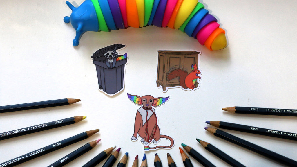 Fantasy rainbow dog on leash, raccoon and squirrel
