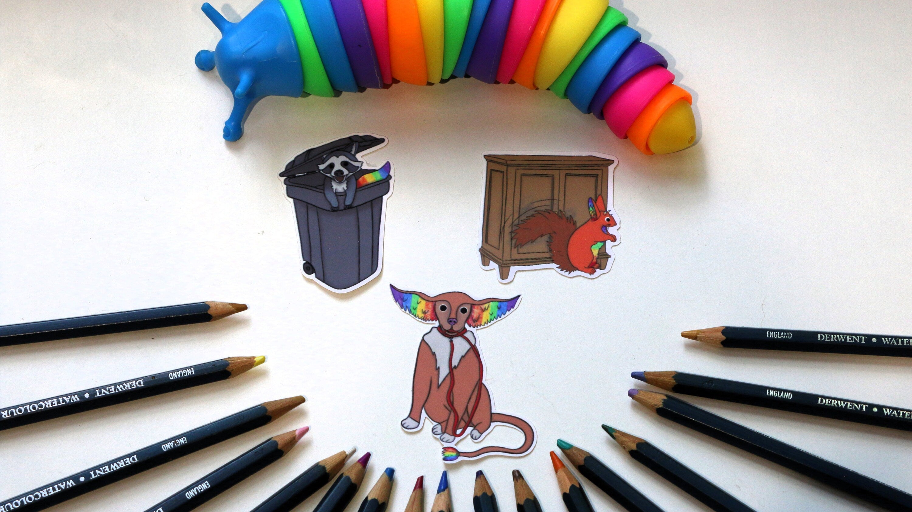 Fantasy rainbow dog on leash, raccoon and squirrel
