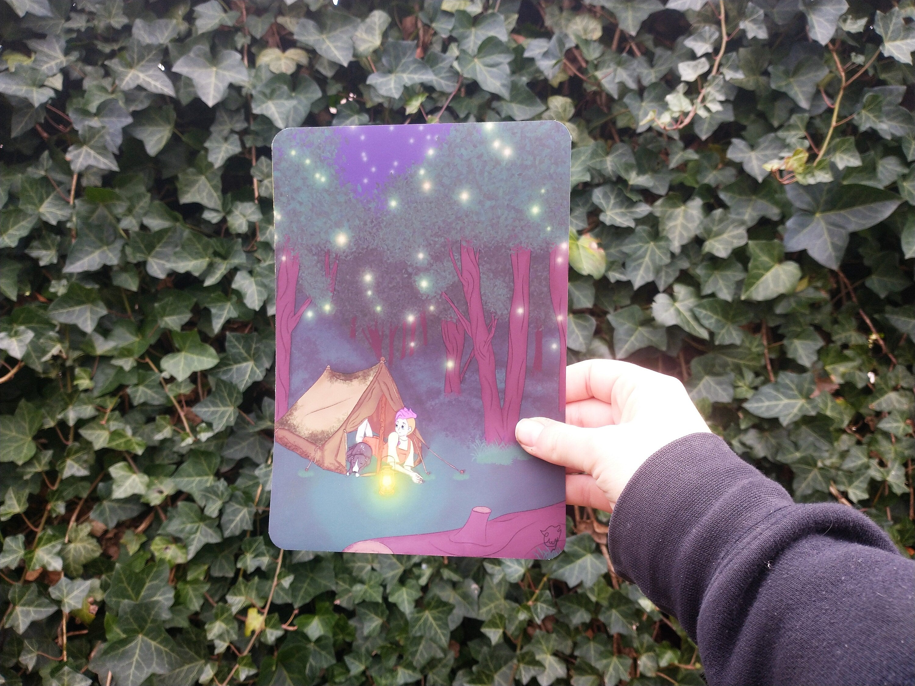 Art print camping with dog at night