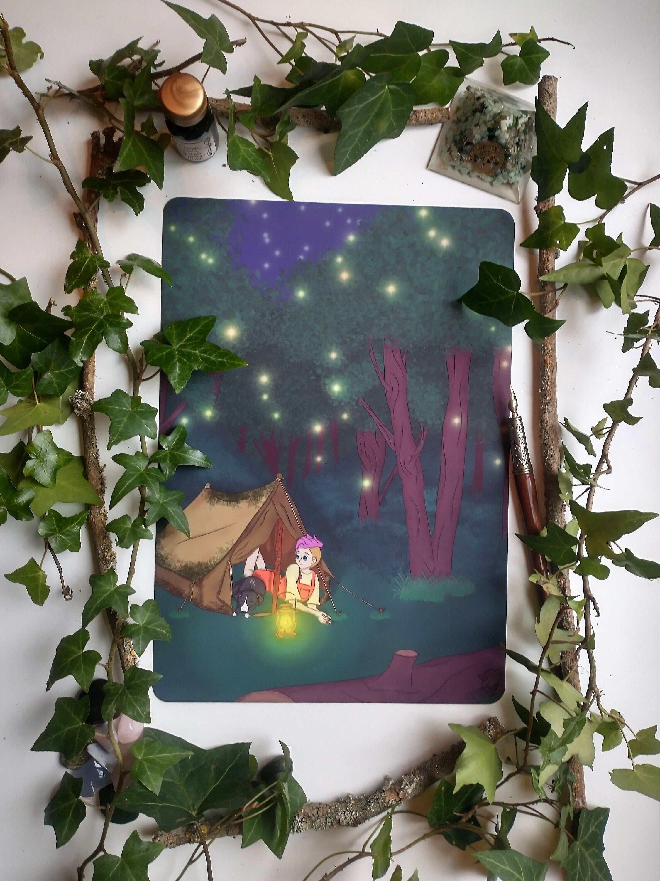 Art print camping with dog at night